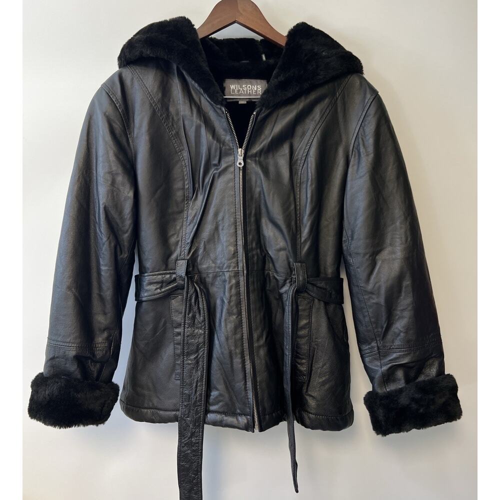WILSONS LEATHER XS Black Women VTG Genevieve leather faux fur Coat Penny‎ Lane